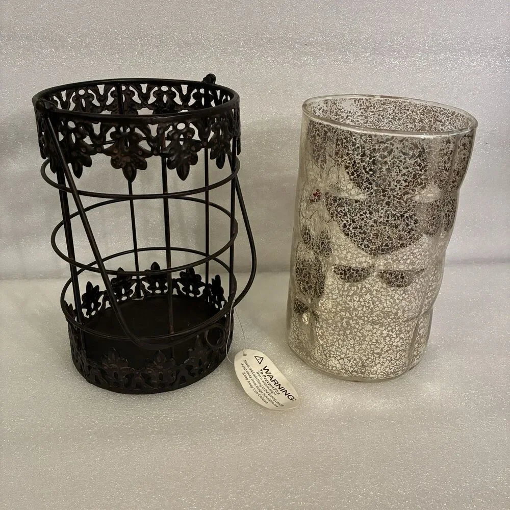 Decorative Metal And Speckled Glass Candle Holders. 2 Pieces. 8” W/out Handle